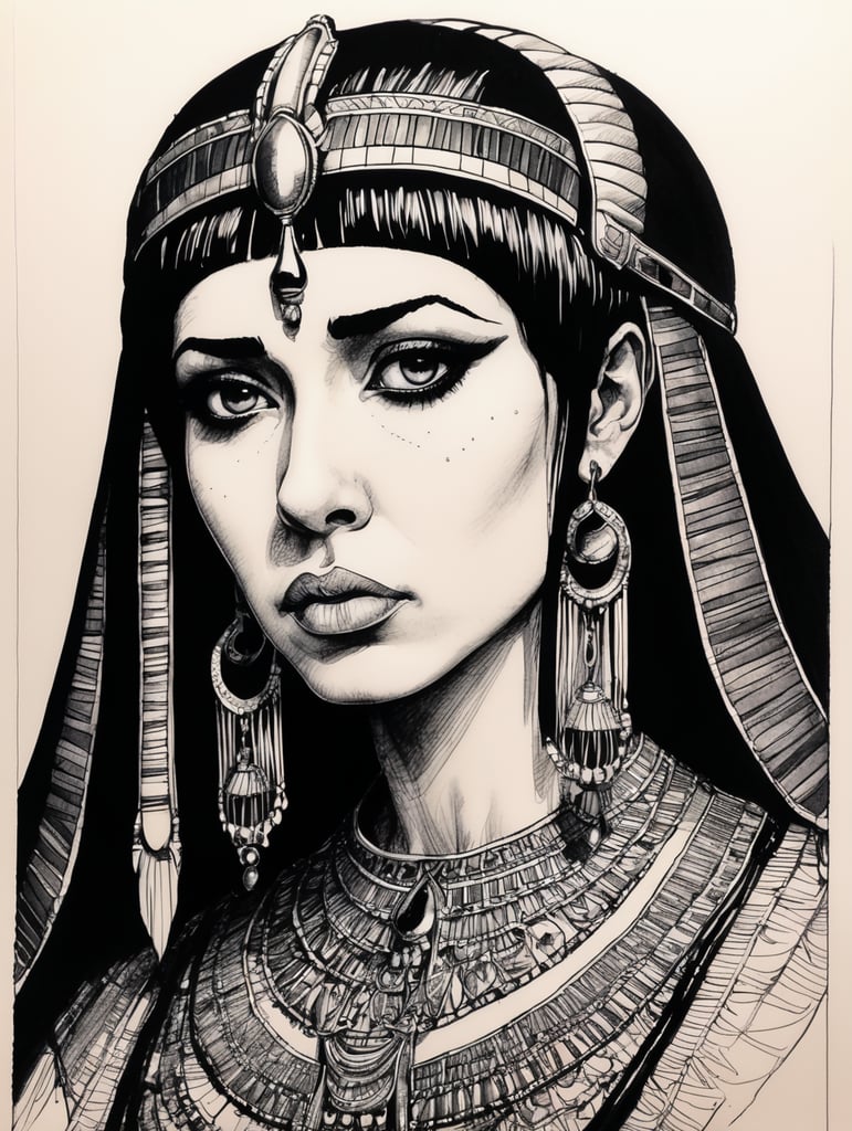 Sad Cleopatra, Ink pen sketch, low light, low detail,