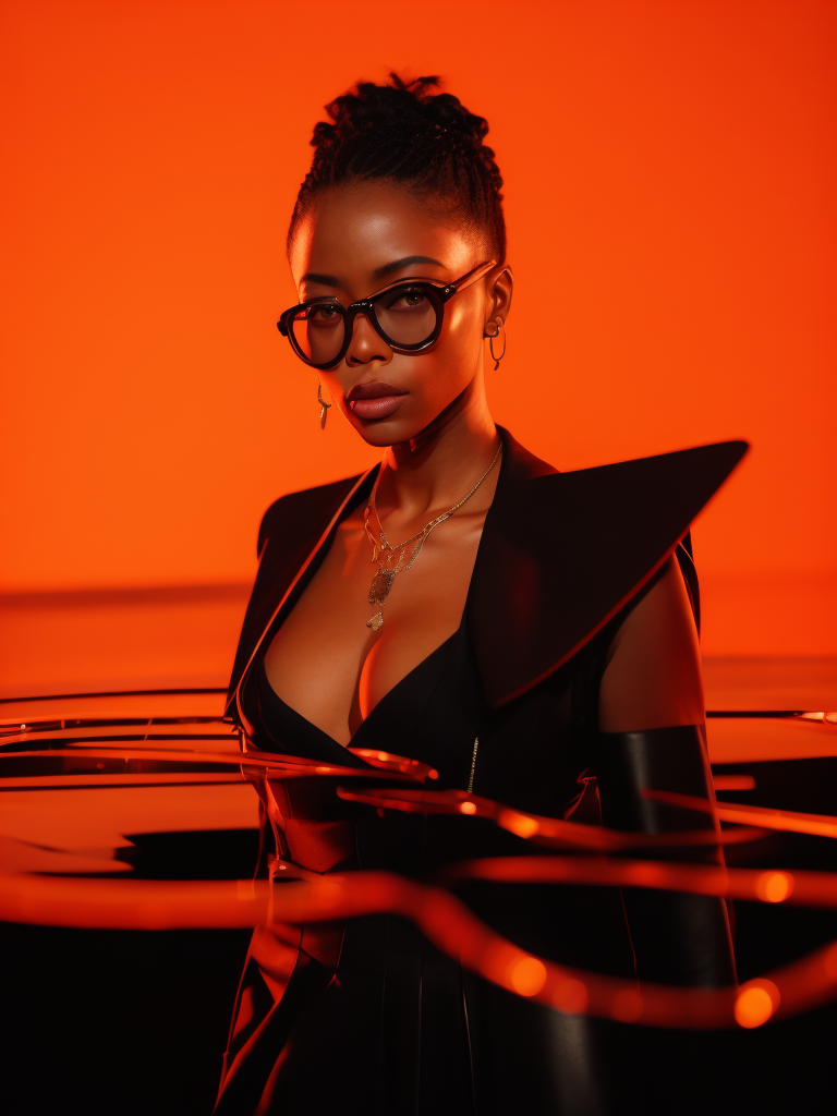 Black female model standing in waist-length black fluid, wearing black fashion dress, red lighting, black sunglasses, thick gold necklace around her neck, short haircut, red-orange background, fashion model, magazine cover, professional shot, magazine photography, bright saturated colors, sharp focus, highly detailed