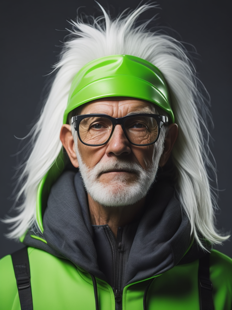 a gnome from fairytale 76 years old wearing a neon green helmet dressed in athletic clothing and glasses, in the style of futuristic glam, retro futurism, neon green clothing, glasses without color, clear glass, long white hair, teal background, mike campau, anton fadeev, high gloss, mono-ha