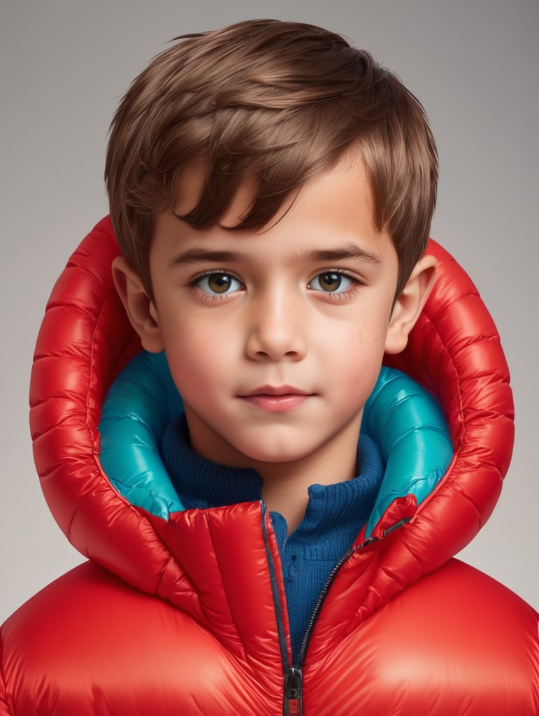 cute boy, dressed red inflatable puffer jacket, headshot, hyper realistic, vibrant colors