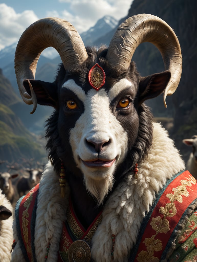 faun, fur skin, goat eyes, sheep lips, wearing asian clothing, only one pair of ears.