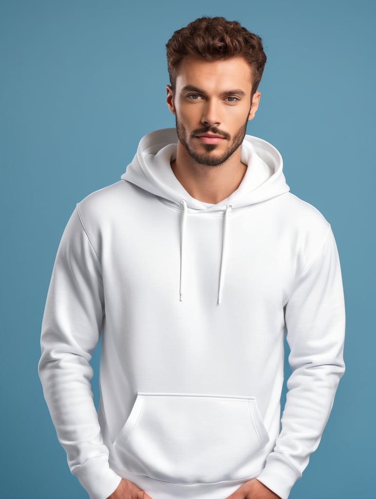 photography of a man wearing blank white hoodie, isolated, blue background, style of James Bidgood, mockup, mock up