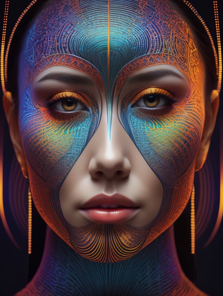 a human face inspired by linear patterns, lit colors