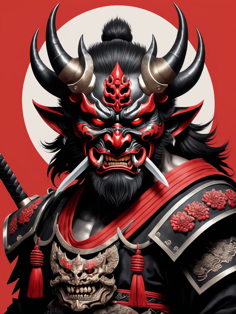 Illustration of a demon with two swords and a skull, demon samurai mask, oni mask, villain wearing a red oni mask, samurai mask, samurai with demon mask, demon samurai, demon samurai warrior, oni horns, inspired by ryūkōsai jokei, japanese art style, inspired by kawanabe kyōsai, mysterious, red and black
