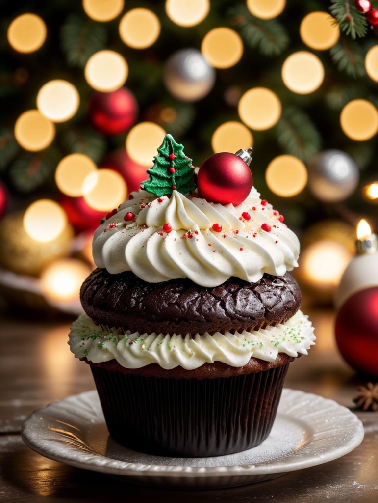 Delicious Christmas cupcake, with a very realistic pleasant setting, with a Christmas still life, only one piece comes out. Only one, Christmas, for advertising use.