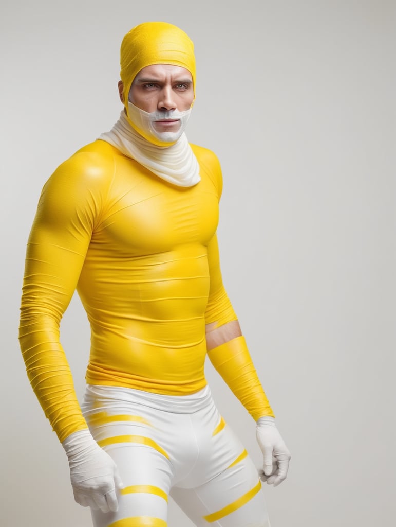 A photograph of man covered in yellow bandages with realistic style, halloween costume, yellow background, full body, show hands, show neck and head