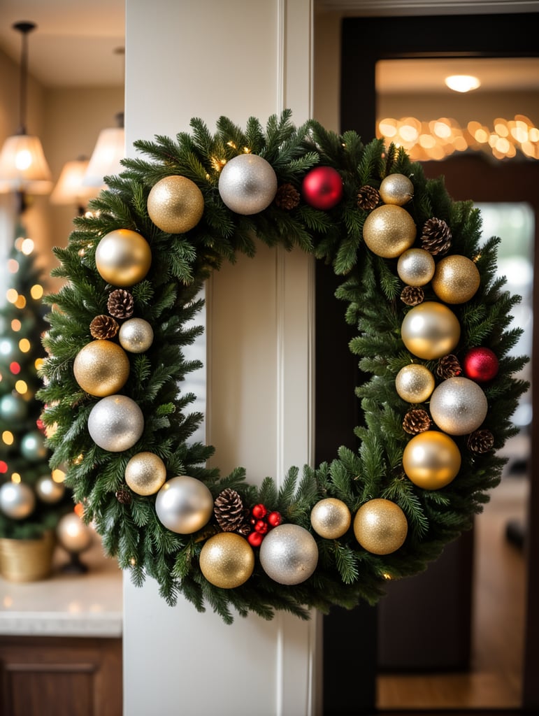 christmas wreath balls christmas lights festive decorations holiday wreath evergreen wreath winter decor traditional christmas seasonal ornaments