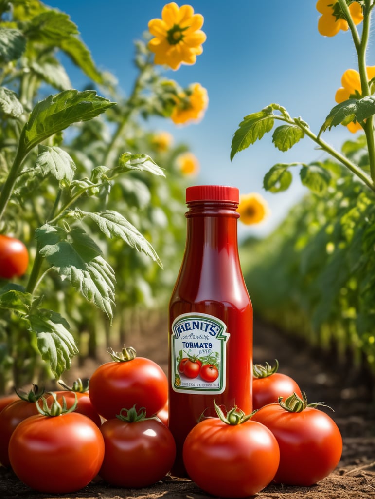 several red tomatoes stacked together forming a ketchup bottle with some leaves around it, beautiful tomato plantation in the background and a blue sky, short grass and yellow flower, creamy light, ambient lighting, beautiful colors