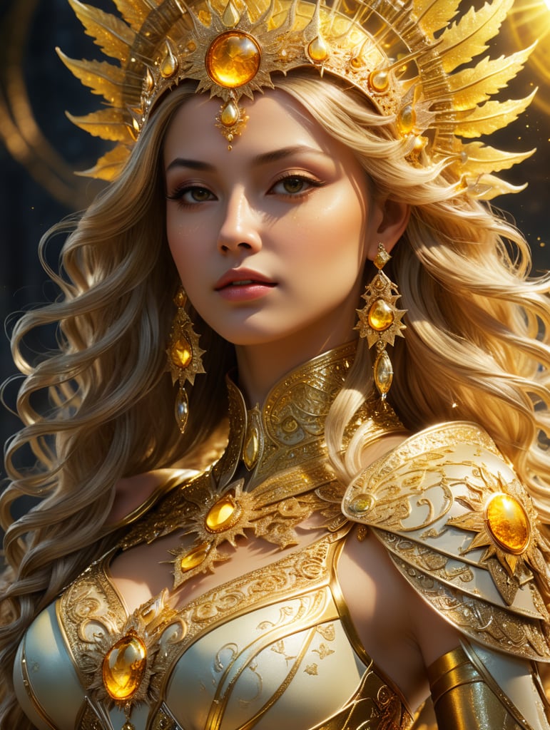 The queen of light in light yellow clothes and sun-shaped jewelry, full body,with a sun and star costume covering all his body, His whole body has an extremely beautiful light aura, With a crown in the shape of the sun and stars, she is very beautiful and has glowing hair like the sun, in the kingdom of the sun
