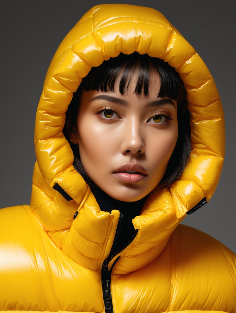 well lit fashion shoot portrait of extremely beautiful female wearing massively over size yellow puffer jacket by craig green, dingyun zhang, yeezy, balenciaga, vetements, sharp focus, clear, detailed, , cinematic, detailed, off white, glamourous, symmetrical, vogue, editorial, fashion, magazine shoot, glossy