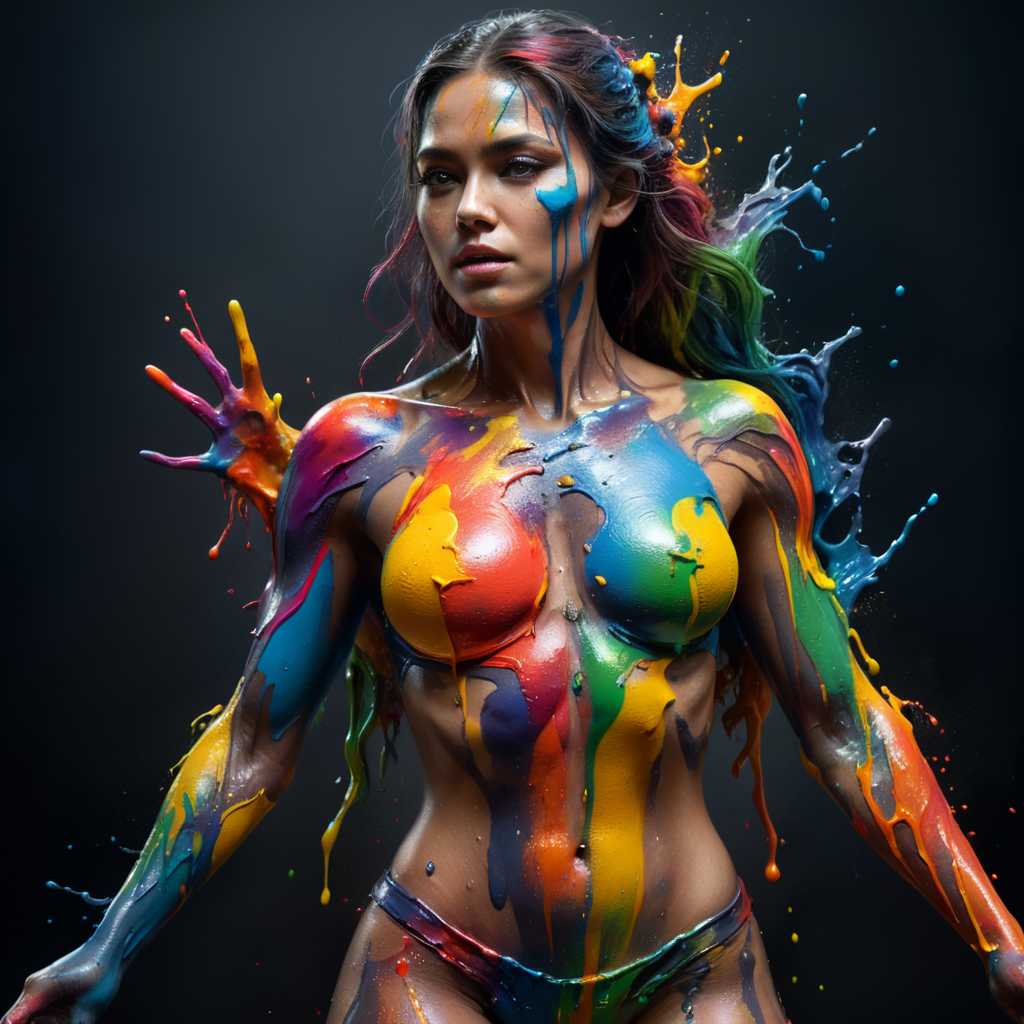 Woman with colorful paint on her body and arms, melted body, the paint is flowing, creative, bright colors