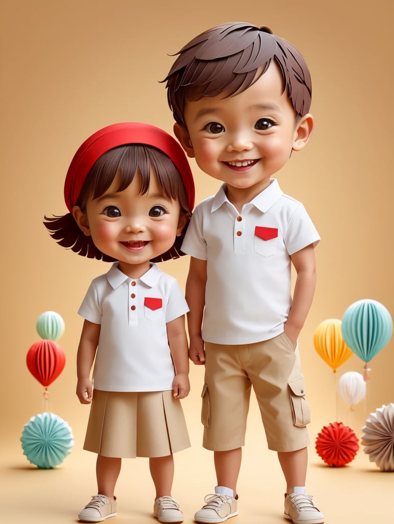 style vector , a Little boy and girl wearing white t-shirts,red scarf around the neck, standing in front of ping background, blank shirts no print, 3 years old smiling toddlers, photo for apparel mock-up