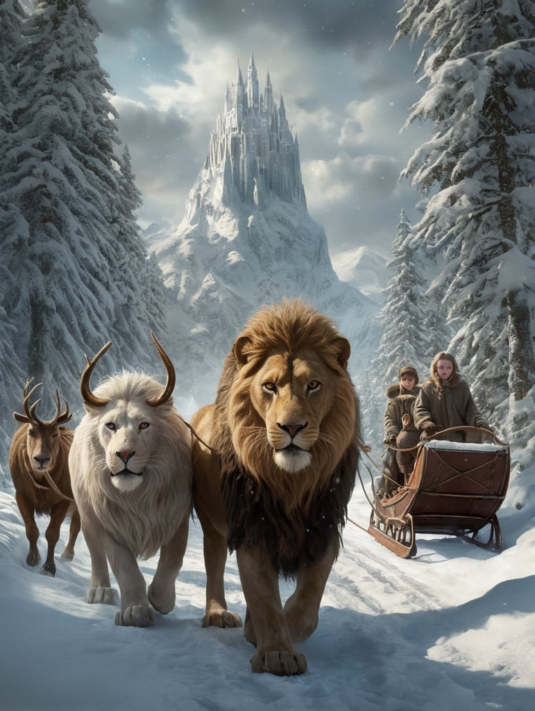 Aslan, from the Lion, the witch and the wardrobe being visited by three children in the snow in Narnia, with the white witch in a sled being pulled by reindeer in the background