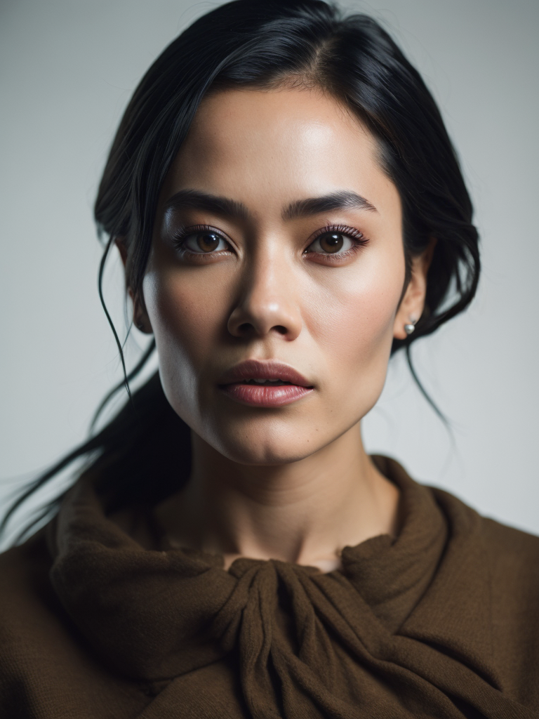 A portrait of a female Filipino creative professional in a studio with white background, midshot, stock photo style