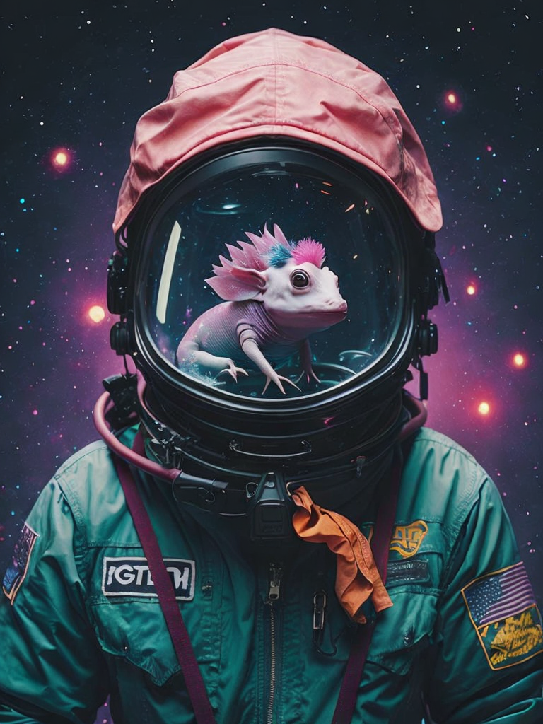 Photo of an explorer with an axolotl as a pet inside space with a psychedelic backgroun, style by Laurie Greasley, Studio Ghibli, Akira Toriyama, James Gilleard, Genshin Impact, Trending Pixiv Fanbox, Acrylic Palette Knife, 4K, vibrant colors, DevinArt, trending on ArtStation, High Detail