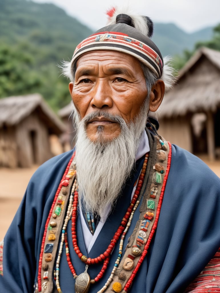 Starszy wódz wioski emanuje mądrością i doświadczeniem, stanowiąc nie tylko przywódcę, ale także przewodnika dla swojego ludu. Jego siwe włosy opadające na ramiona i broda zdobią jego twarz, wyrażając godność i szacunek. Jego oczy, głęboko osadzone w zmarszczkach, ukazują bogactwo przeżytych lat. Ubierając się w tradycyjne stroje wioski, wódz nosi płaszcz z ręcznie tkanej tkaniny, ozdobiony wzorami nawiązującymi do historii i kultury społeczności. Na szyi ma naszyjnik z kolorowymi kamieniami, które opowiadają o dziejach wioski i jej ludzi. W ręku dzierży laskę zrobioną z lokalnego drewna, będącą zarówno symbolem władzy, jak i narzędziem do prowadzenia rady wioski. Jego kroki są pewne, a mimo wieku w jego postawie widać siłę i zdolność do przewodzenia. Wódz jest nie tylko obrońcą tradycji, ale również opiekunem, gotowym podzielić się swoją mądrością z młodszym pokoleniem, by zachować spójność i jedność społeczności.