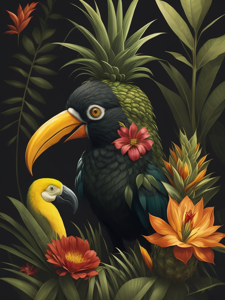 draw The central and accent place in the illustration should be occupied by the image of a pineapple (whole fruit, with pieces). Tropical mood of the Caribbean. The illustration should use a tropical ornament (for example, dense vegetation) In the illustration, you can use images of recognizable tropical birds (parrot, toucan, flamingo), flowers, insects, lizards, animals, as well as tropical plants - palm leaves, monstera, flowers. the illustration must be integrated with a skull, as a symbol that is depicted on the entire line of the brand.