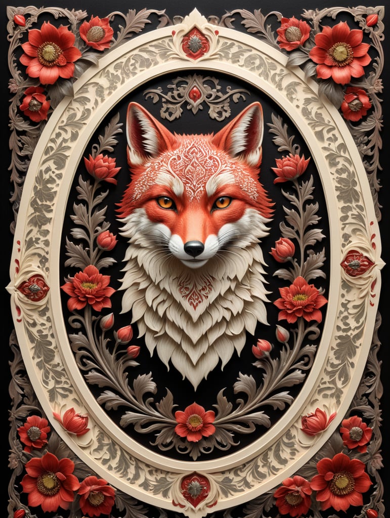 duochrome ink red on cream letterpress print of folk fox and flowers ornate frame design, empty space in middle for text, in the style of william morris