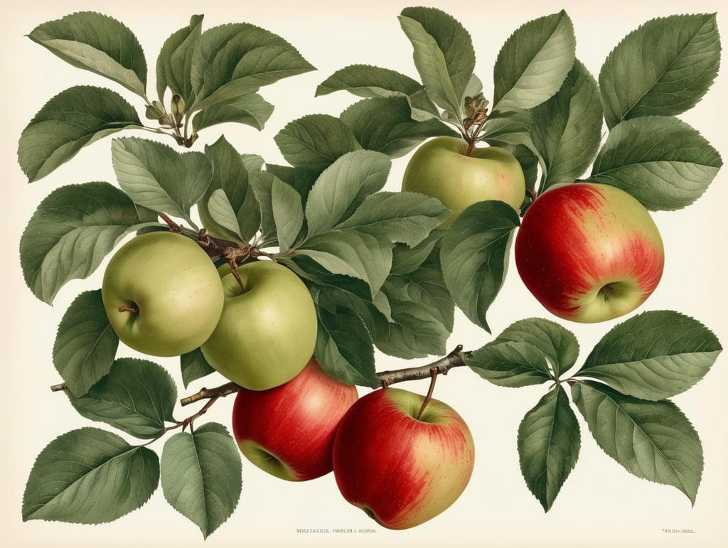Botanical print. apples with leaves