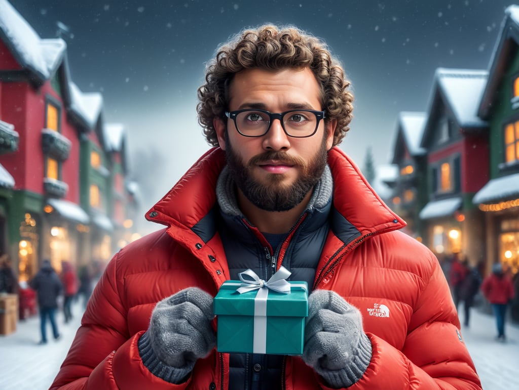 portrait of a bearded curly man wearing red puffer jacket, reeding glasses, stands front camera with gift box his hand, snowy weather, Christmas time, blurry background