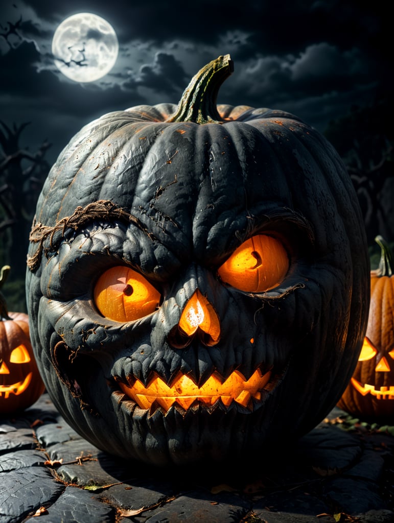Halloween pumpkin photorealistic illustration, scary, dark