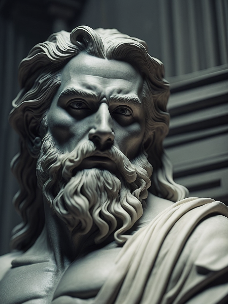 dark marble statue of zeus, dark atmosphere, sharp on details, tee shirt white