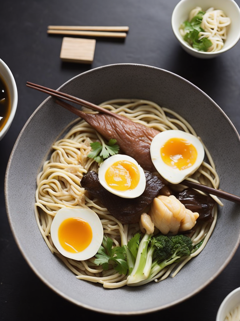 ultra detailed japanese ramen, chopsticks, egg, steam