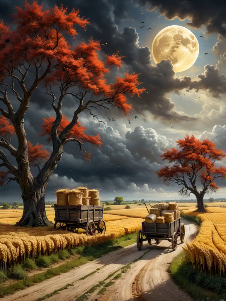 A hurricane wind along the road going into the distance bends brown trees growing in a field of wheat, along the road a tiger carries an old wooden cart with gray bags of grain on which red birds sit, crows and yellow doves fly in the cloudy sky, the moon is shining, the sun is rising, illuminating the field with rays, impressionism, impasto, fantasy,