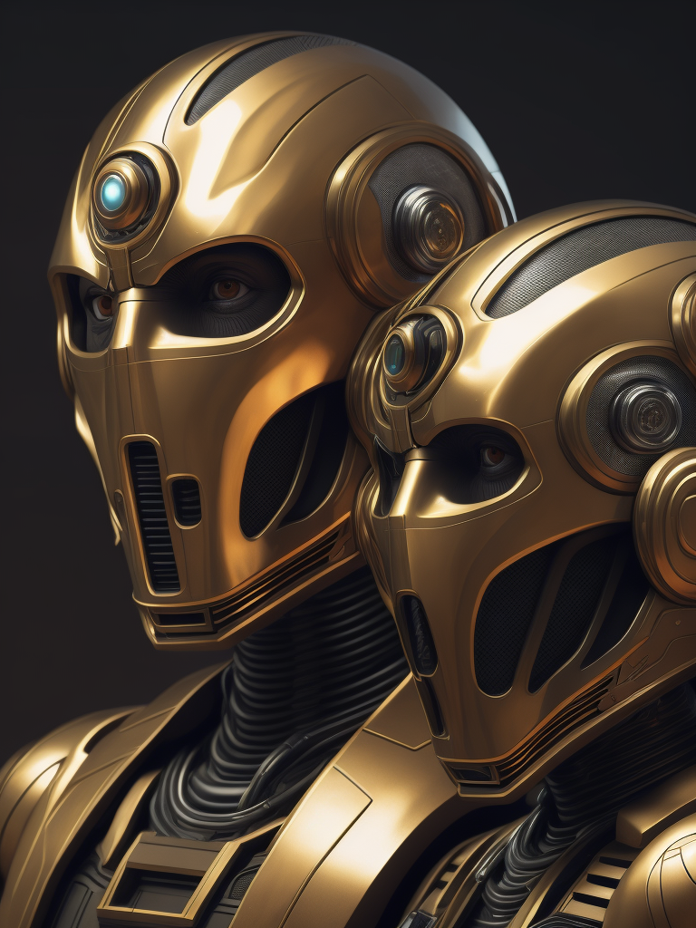 Robot illustration with two faces in the same face, bipolar face, cinematic lightning, like c3po star wars