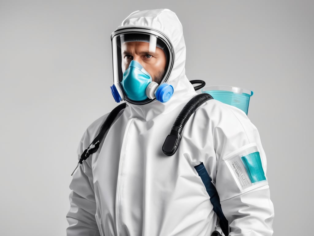 A realistic photo of a man wearing medical protective suit, isolated, white background