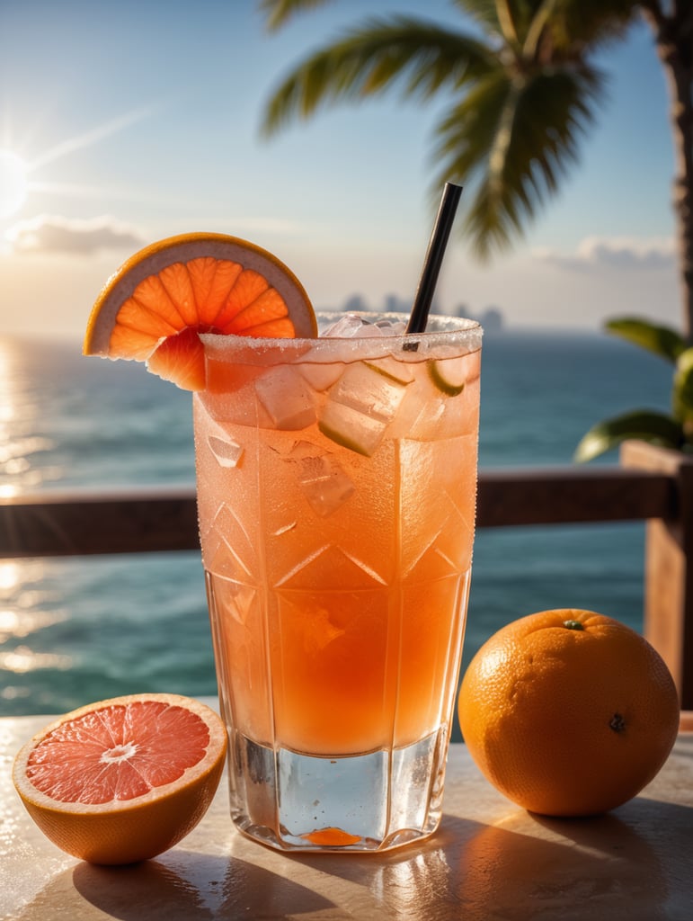 Grapefruit juice cocktail, with ice cubes in the glass and a salt rim, amazing photo, very realistic, elegant and tasty, photography, condensation, f2.8, 50mm lens, intricately detailed, 8k, cinematic production, highly detailed, highly realistic, sunny mexico in the background