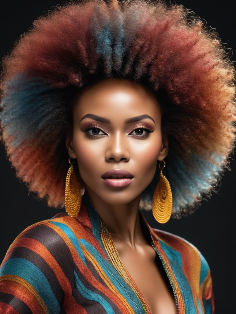 Mujer africana con peinado afro bailando, sesión de moda, sólo cara, fondo negro, fotografía de estudio, portada de revista, colores ultra brillantes