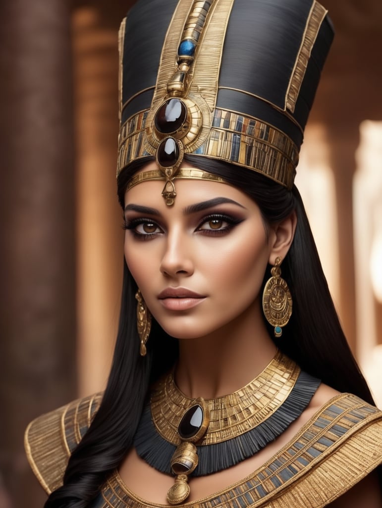 beautiful ancient egypt queen, dark cloth, dark hair, brown eye, head accessories