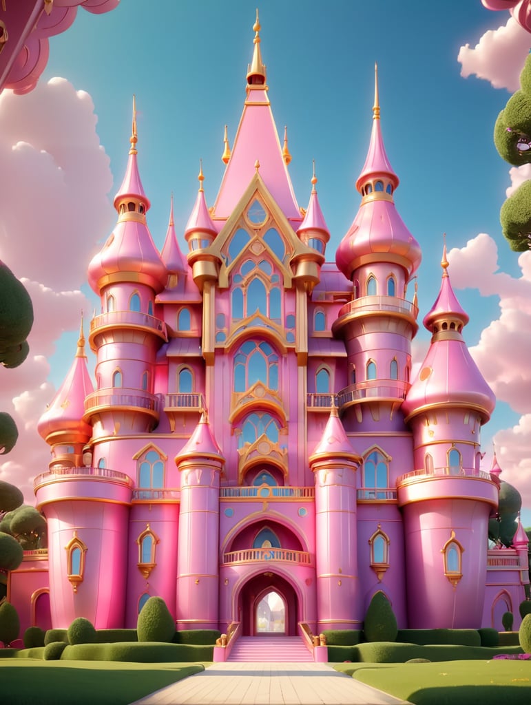 Дворец принцессы в золотых и розовых цветах, футуристичное будущее
