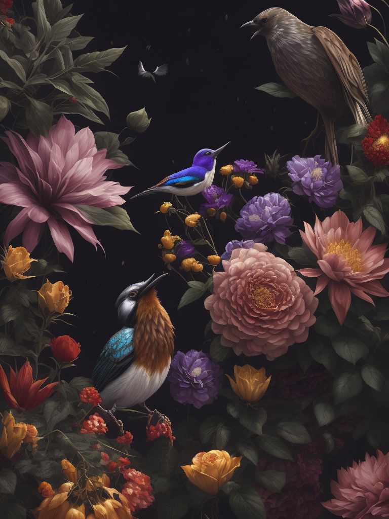 flowers and birds, deep color, sharp on details, vibrance 20, saturation 20