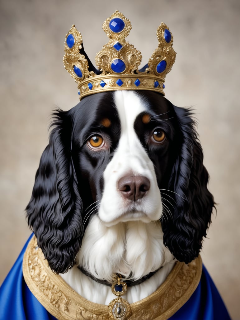 King Charles black and white spaniel dog, black long droopy ears, brown eyes, wearing 17th century clothes wearing a small simple gold crown, wearing a blue and gold decorative royal cape Copy prompt Copy URL Search similar