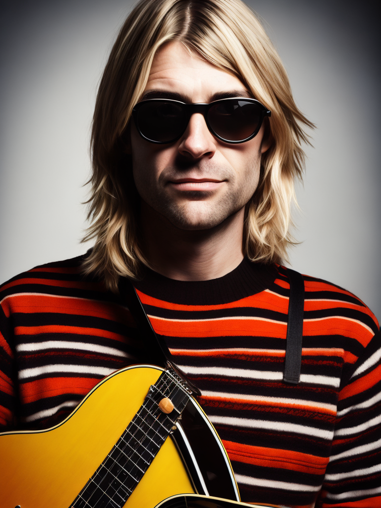 Kurt Cobain is wearing a black and red striped sweater, large oval glasses with thick white frames, with an electric guitar, Vivid saturated colors, Contrast light, studio photo, professional photo, Detailed image, detailed face