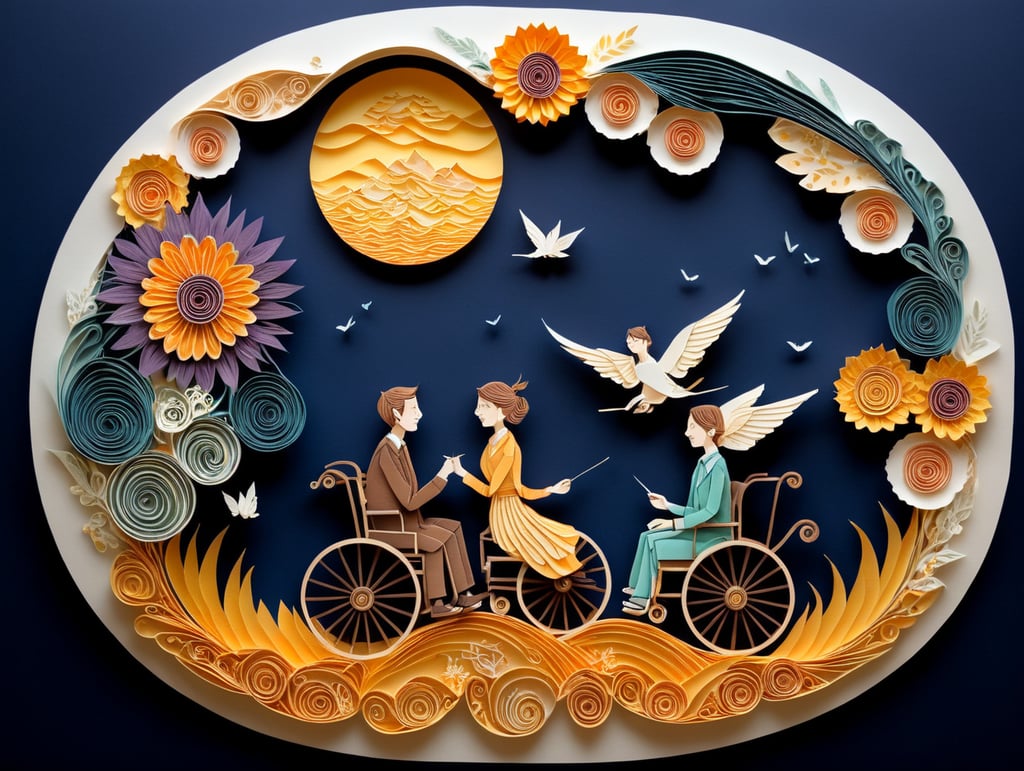 2 young adult people standing, 1 young adult person in wheelchair, talking, happy