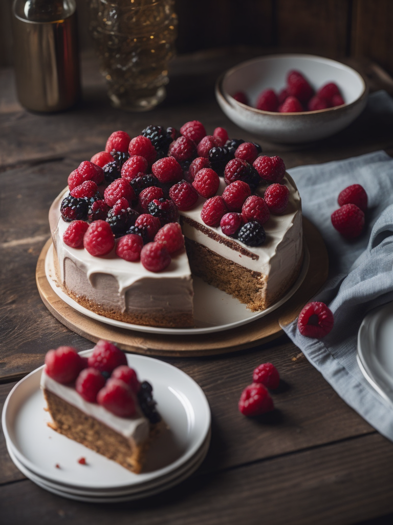 Cake with raspberries and blackberries on a wooden table, dark atmosphere, dramatic Lighting, Depth of field, Incredibly high detailed