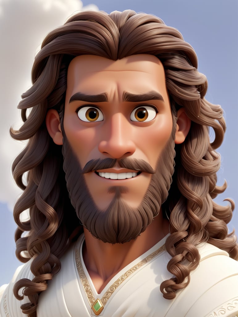 Jesus with middle eastern features, whose eyes a grey and whose skin is light brown, and long curly brown hair, with a puffy beard, and slightly muscular, with heaven behind him, wears a white dress.