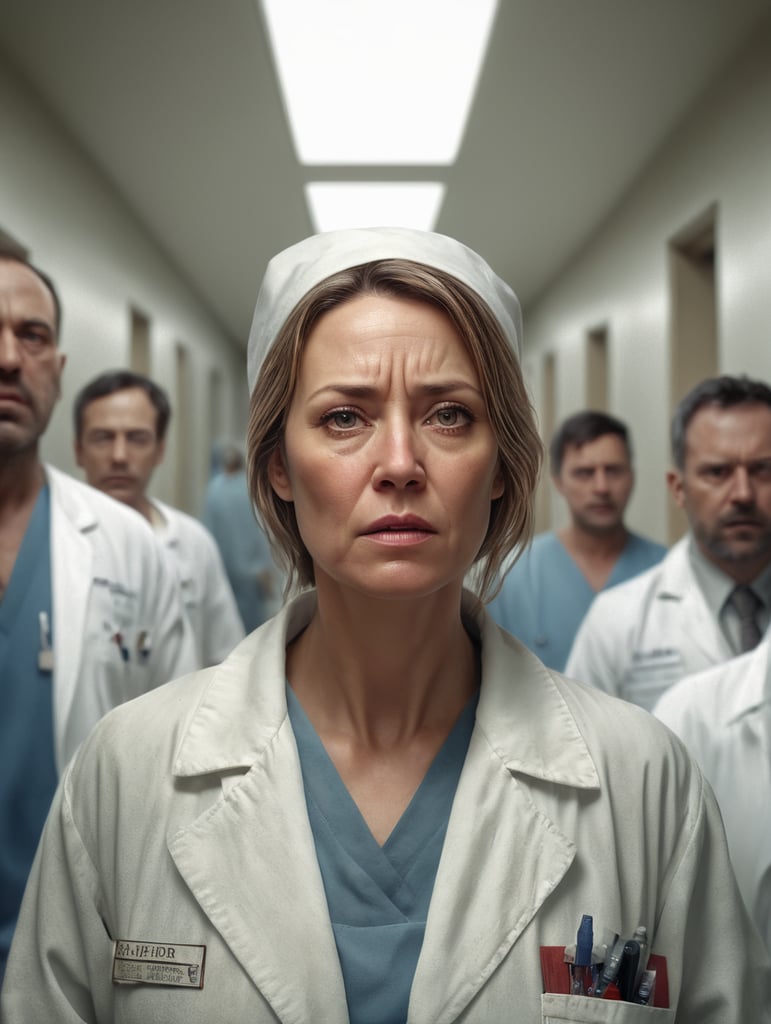 a 40-year-old female doctor, very tired, with an aged face, in a dirty white coat, unmotivated, working night shifts in a crowded hospital corridor, with many patients and nurses along the corridor. Wide view, vignet effect, light focus on face