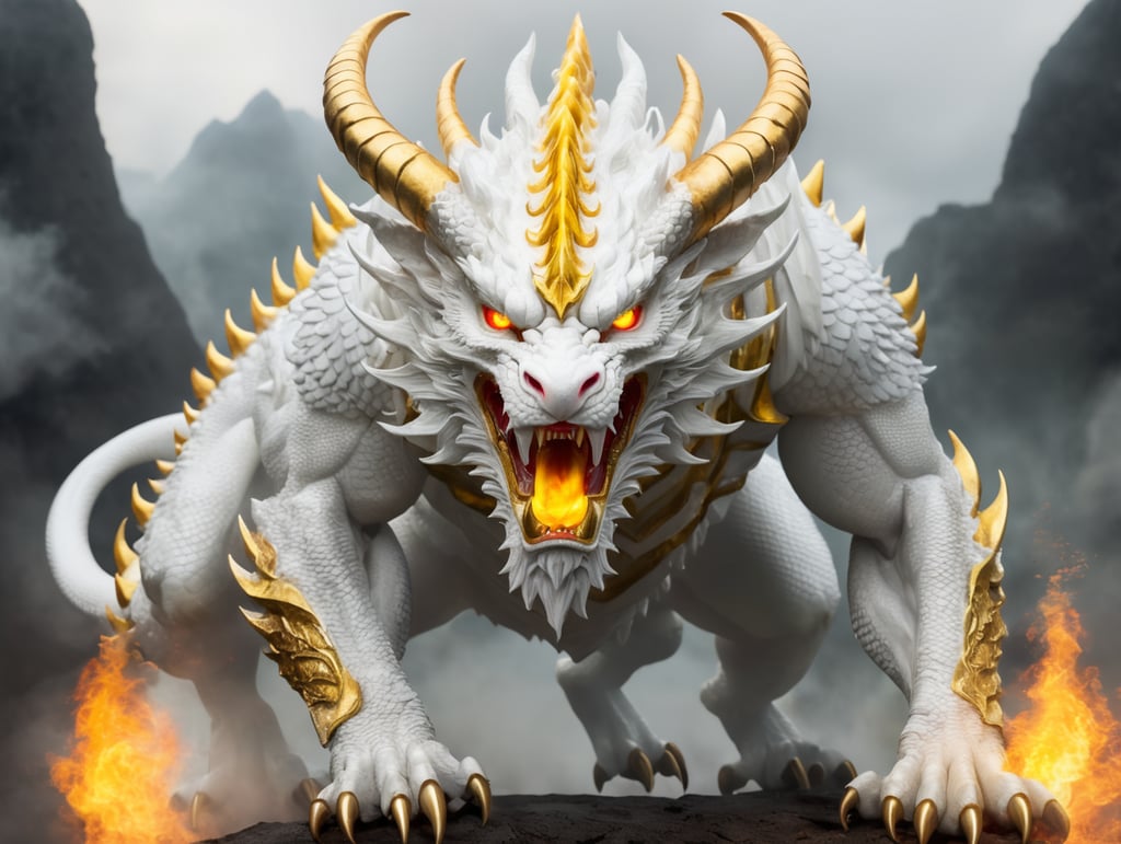 Ferocious white and golden dragon with fire eyes and golden horns, breathing fire