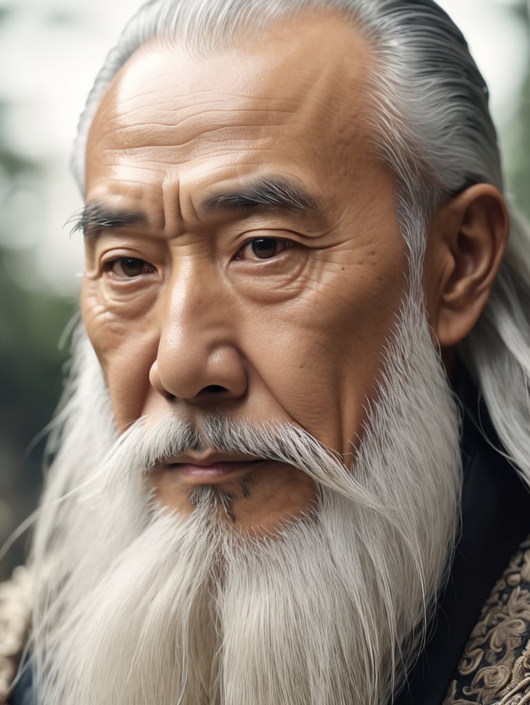 Wise old japanese man from tokyo with a long white beard, intricate, sharp focus, fantasy, cinematic lighting, other worldy, surreal 8k photo, dark moody aesthetic