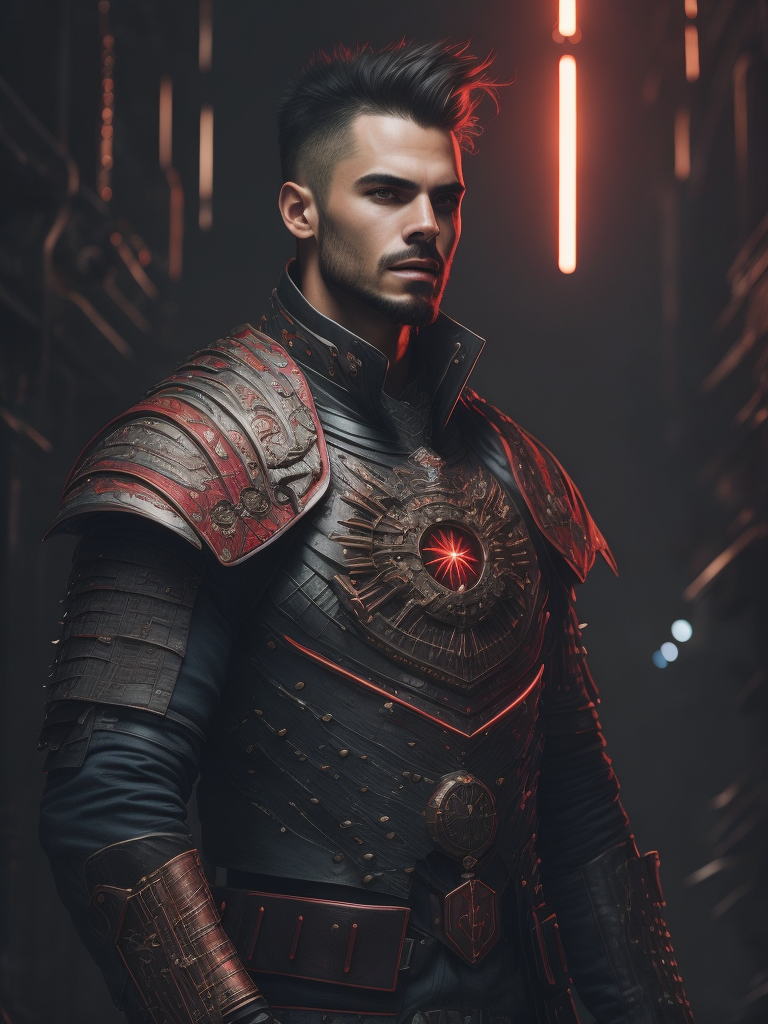 Highly detailed character design, a man with jagged broken teeth, wicked grin, wearing a red and blue tunic, intricate floral embroidery, cybernetic eyes, heavily lined, wrinkled, haggard face, spiked pauldrons, glowing details, ultrafine detail, epic cinematic lighting, action scene, seapunk, salvagepunk, cyberpunk art by Ruan Jei, Josan Gonzalez, Wayne Reynolds, vray render, volumetric lighting, postprocessing, sharp focus