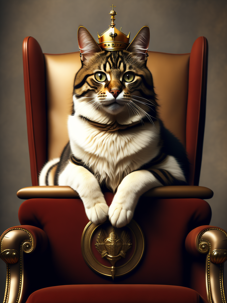 A portrait of cat as a king sitting on a throne, photorealistic, movie scene, super detailed, hyperrealistic, neutral background