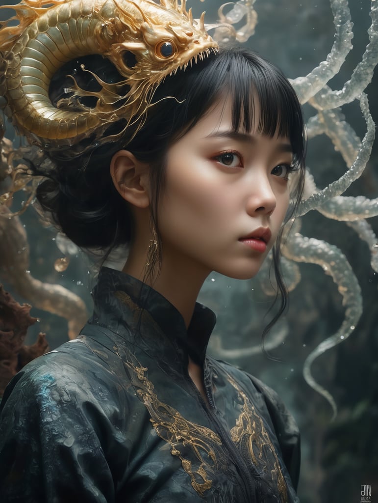 "In a mesmerizing 16K composition, a girl adorned with exquisite details stands before a water dragon in this AI-generated masterpiece. Realism meets cinematic allure with HDR enhancing contrast, vibrant colors, and a touch of muted tones for a soothing ambiance. Cinematic and ambient lighting cast warm tones, intensified by bright and intense elements for a captivating effect. This ultra-realistic illustration, influenced by the artistry of Android Jones, Januz Miralles, and the unique style of Hikari Shimoda, features a ghostly jellyfish radiating a shiny aura. Gold filigree and intricate motifs, inspired by the craftsmanship of Yoshitaka Amano, W. Zelmer, otherworldly landscapes by Yoji Shinkawa:2.0, add depth. Alayna Danner,The composition skillfully blends elements from necronomicon art, botanical art, Egon Schiele, Dang My Linh, resulting in a masterful play of shadows, hyper details, and hyperrealistic qualities. An anime-inspired character with a hypnotic gaze, black baccara:2.0 mosaic glass scales,