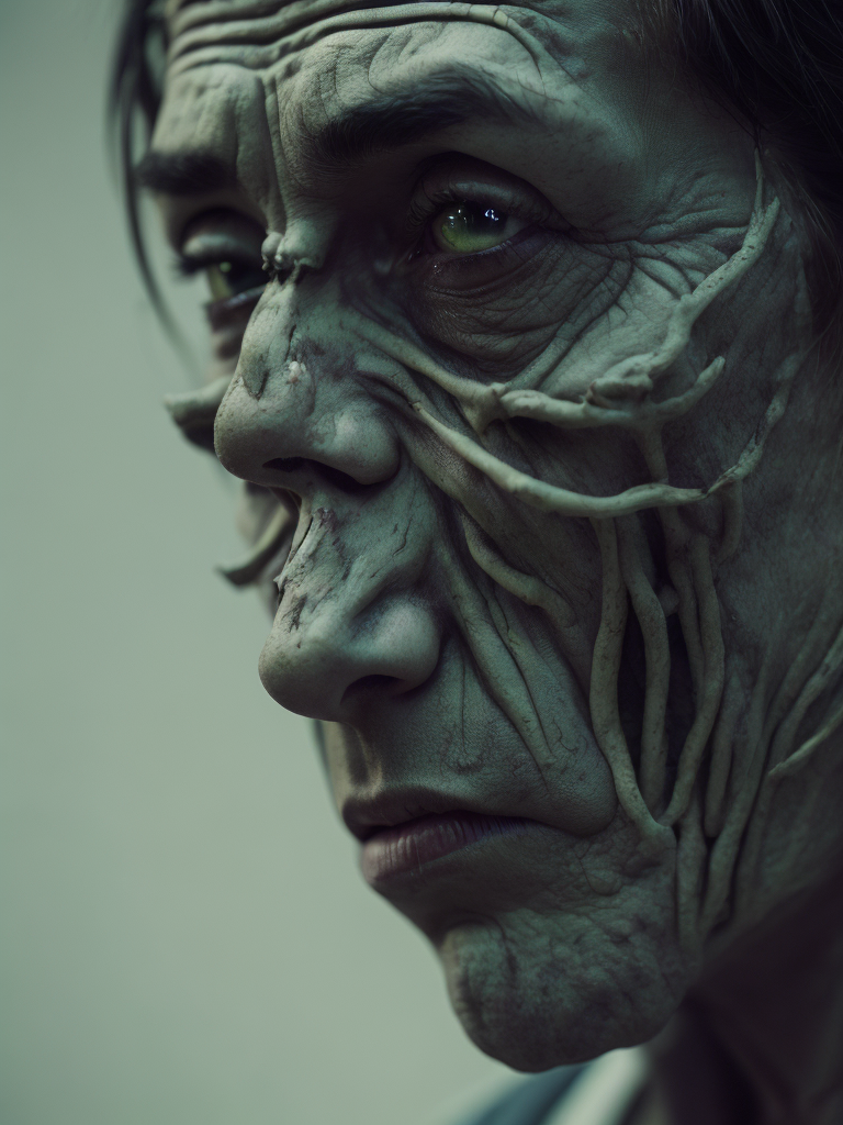 hyperrealistic close-up, Portrait of Frankenstein's Monster, Boris Karloff, Green Skin, muted color palette, atmospheric, creepy, intricate detail, reanimated corpse, scar tissue, decomposing, starring eyes, horror, horrific, neck, bolts, gangrene, veins, mutilated