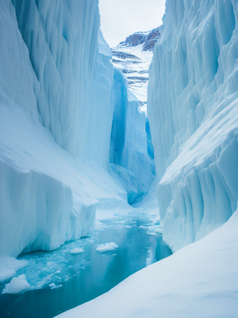 An ice canyon in antarctica, deep colors, amazing view, sunny weather, blocks of ice, high quality details