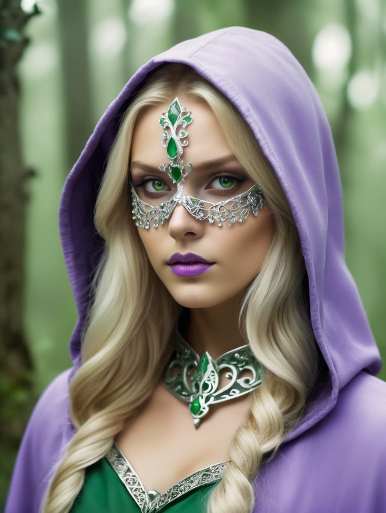 chica hechicera con el pelo rubio, vistiendo un antifaz de color lila, una túnica verde con capucha y joyería plateada, en una arboleda mágica, fantasía medieval