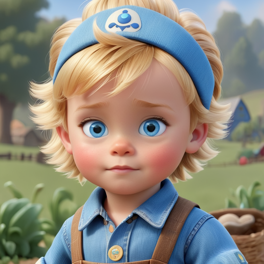 criança de 01 ano com cabelo loiro dourado curto, olhos azuis, estilo pixar disney, com roupa de fazendeiro